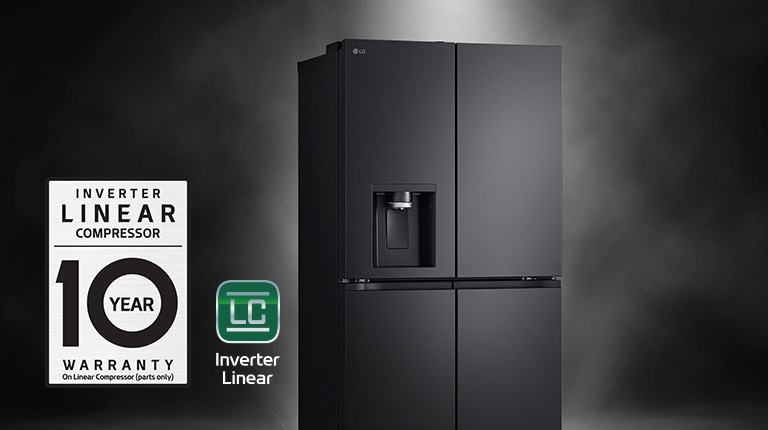 Refrigerator with 10yr parts warranty icon on black background